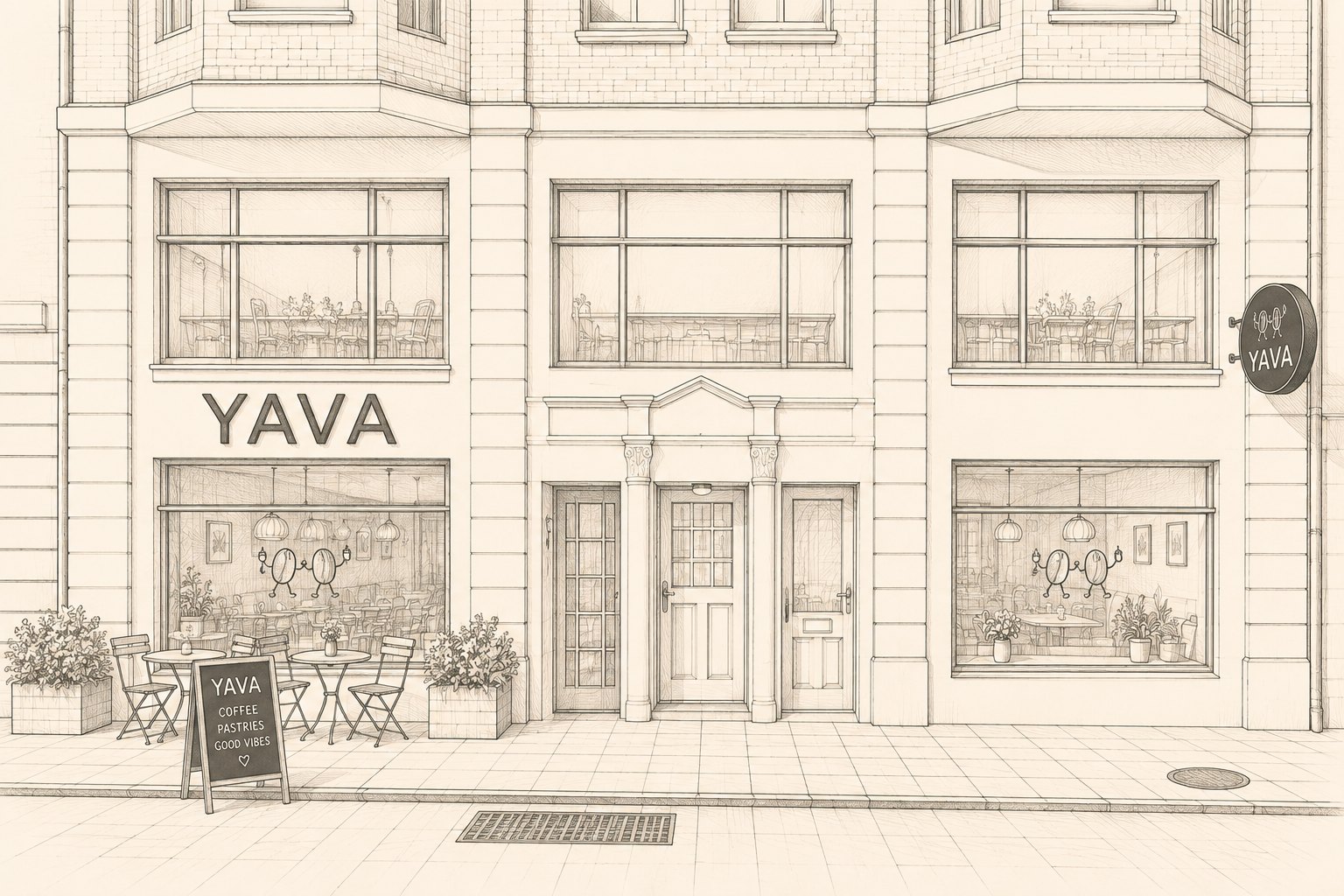 Tegning af Yavas facade på Havnegade 24 med udeservering, skilt og bønnefigurerne i vinduet